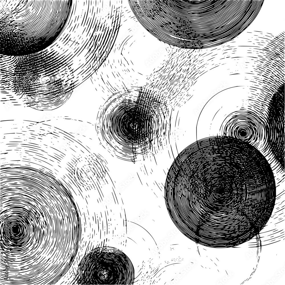 Poster abstract background with concentric circles and radiating lines in black and white creating visual t