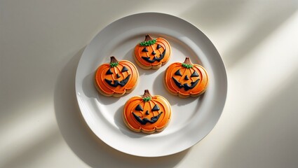 Fototapeta premium Admire festive Halloween pumpkin cookies with intricate icing designs, beautifully presented on a white plate for seasonal baking inspiration and spooky party treat decoration ideas.