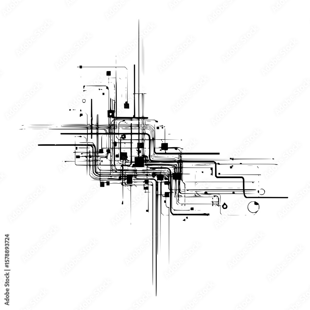 Poster abstract network design featuring interconnected lines and geometric shapes on a white background la