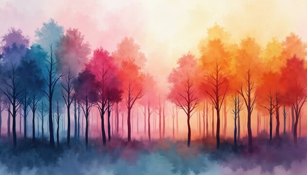 Abstract watercolor illustration vibrant colorful forest. Autumn season, forest trees against sky sunset. Nature landscape art design with various colors, trees silhouettes, fall theme.