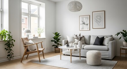 Bright, minimalist living room interior with natural light and neutral tones.