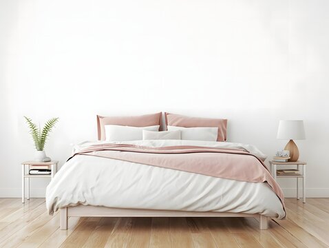 Minimalist bedroom with a comfortable bed pink accents and a potted plant