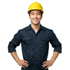 Confident Asian Worker with Yellow Hard Hat Portrait in Transparent Background
