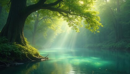 Obraz premium Dreamy forest lake, sunlight beams through green foliage. Mystical scene of pristine water, trees. Natural serene landscape with light rays, peaceful mood. Sunlight on water, nature.