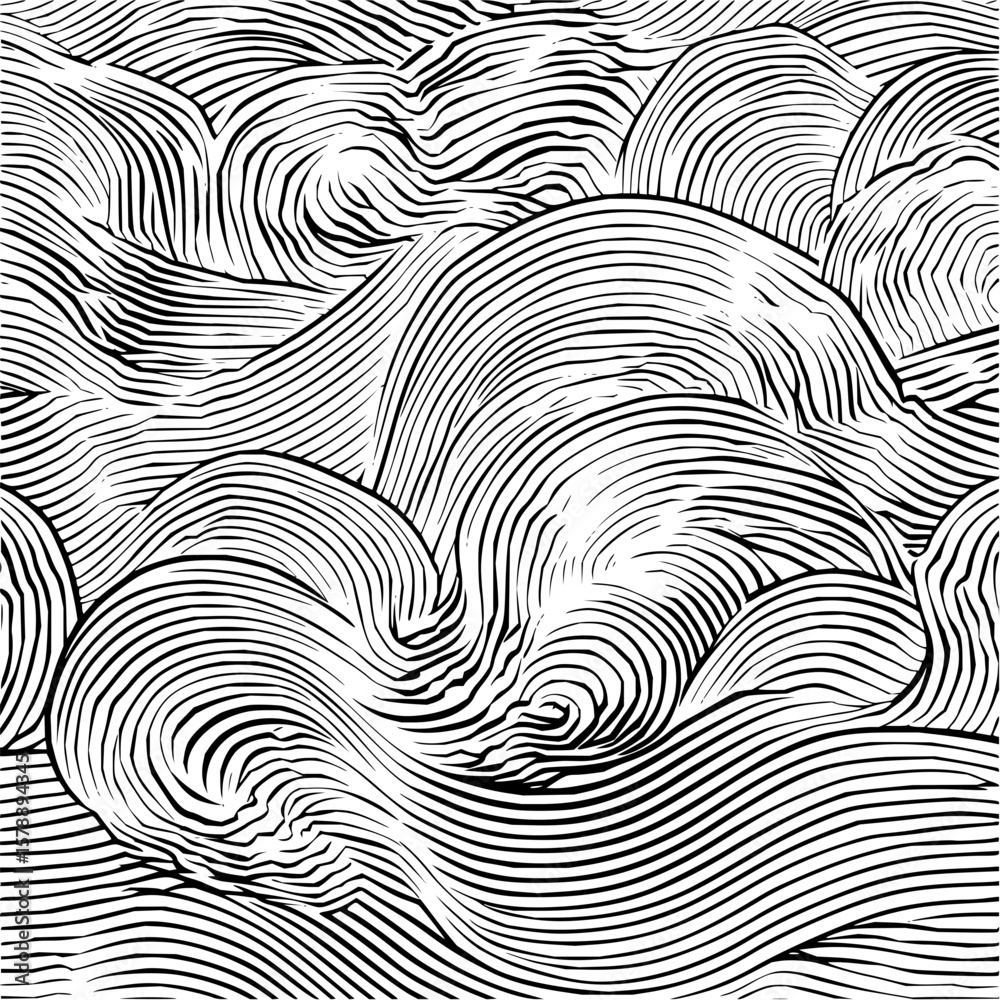 Poster abstract monochrome landscape with wavy lines creating a textured and flowing pattern design art