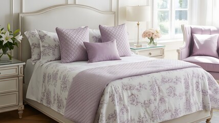 Elegant bedroom with a plush upholstered headboard and lavender toile bedding