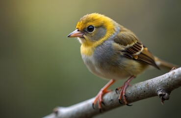 Fototapeta premium Goldcrest bird Regulus regulus perched branch. Yellow crest, olive green plumage. Sweet, petite bird in natural habitat. Birdwatching, wildlife photo. Cute forest animal with vibrant colors.