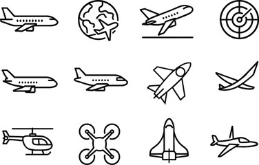 Aircraft Outline Icon Set – Line Icons for Airline, Travel, Drone, Helicopter, Jet, Radar, Spacecraft & More