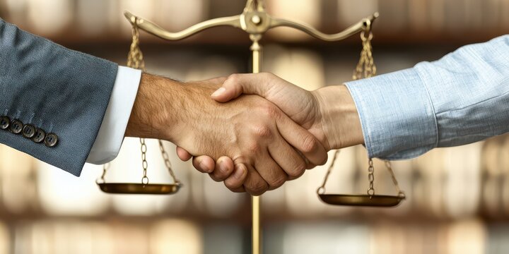 Business lawyer professional concept. Hands shaking with a scale symbolizing justice in the background.
