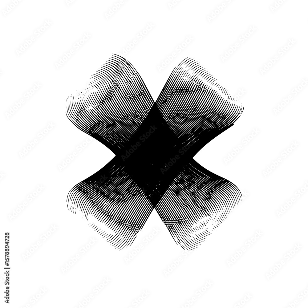 Poster abstract black and white cross shape design with textured lines and central diamond intersection poi