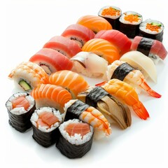Fresh sushi pieces arranged on a clean white surface, showcasing a variety of flavors and textures