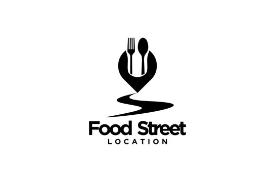 Food Street Location logo design. Restaurant cafe Vector illustration a simple, food vlogger icon 