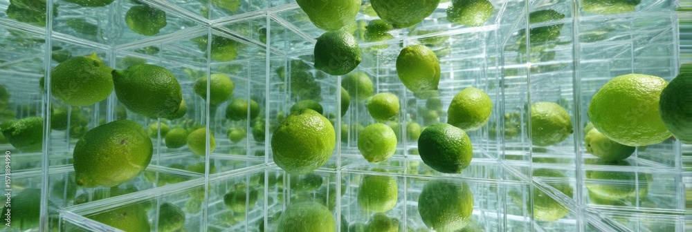 Poster surreal floating limes captured within a transparent cube glass structure enhancing visual depth