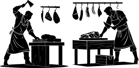 Butchers at Work: Silhouettes of Men Cutting Meat in a Shop
