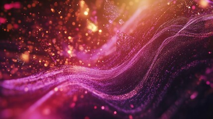 Abstract digital waves of glowing particles flow with vibrant magenta and golden hues