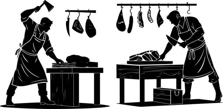 Butchers at Work: Silhouettes of Men Cutting Meat in a Shop