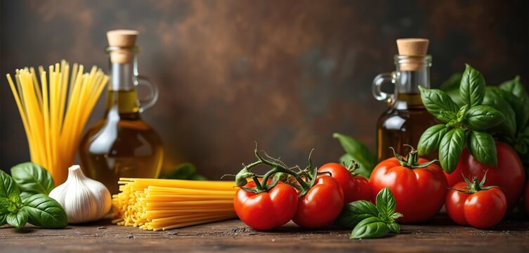 Italian food illustration with copy space for text. Fresh ingredients include pasta, tomatoes, basil, olive oil, garlic. Traditional Italian cuisine, menu background.