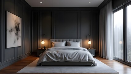 Luxurious dark bedroom with a large window overlooking a misty forest and modern art