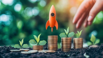 Hand launching a rocket above growing plants sprouting from stacks of coins in soil.
