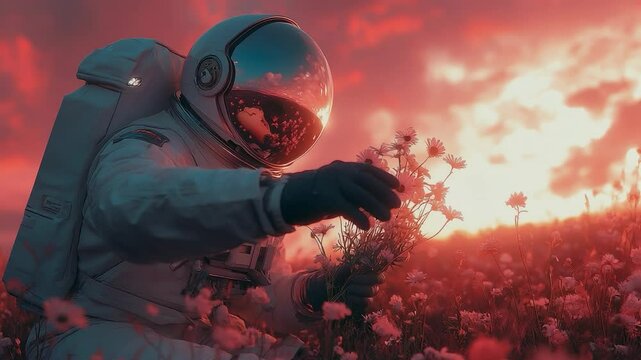 Astronaut's Eden: An astronaut tenderly plucks delicate flowers within a vibrant, otherworldly field beneath a breathtaking sunset.