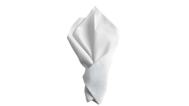 A folded white napkin isolated on a transparent background creating a simple elegant presentation style