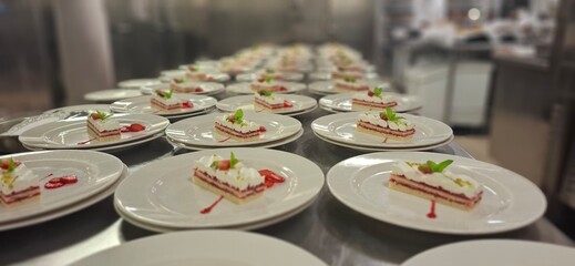 Rows of Elegant Dessert Plates in a Professional Kitchen Setting