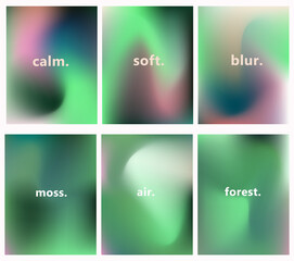 Abstract vector backgrounds in modern gradient style, featuring soft, blurs in green, teal, pink, and cream colors. The look is calm, minimal, and atmospheric, evoking nature and tranquility.