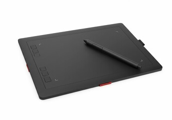 Fototapeta premium Sleek black graphic tablet with stylus, showcasing digital art and design tools