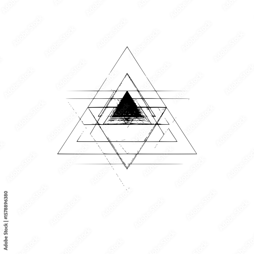 Poster geometric design featuring nested triangles with a textured black triangle at the center point of fo