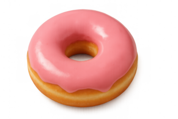 Freshly baked donut with pink icing on a transparent background, perfect for food and dessert projects