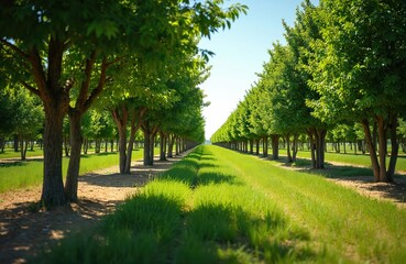 Obraz premium Pecan trees aligned, framing pathway through green field, creating rural landscape. Sunny day, blue sky. Summer vibes, park, garden, meadow. Trees, nature, plants. Eco friendly, green. Fresh air,