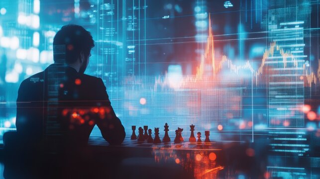Silhouetted man strategizing with chess pieces against a backdrop of city data visualizations and stock market graphs.