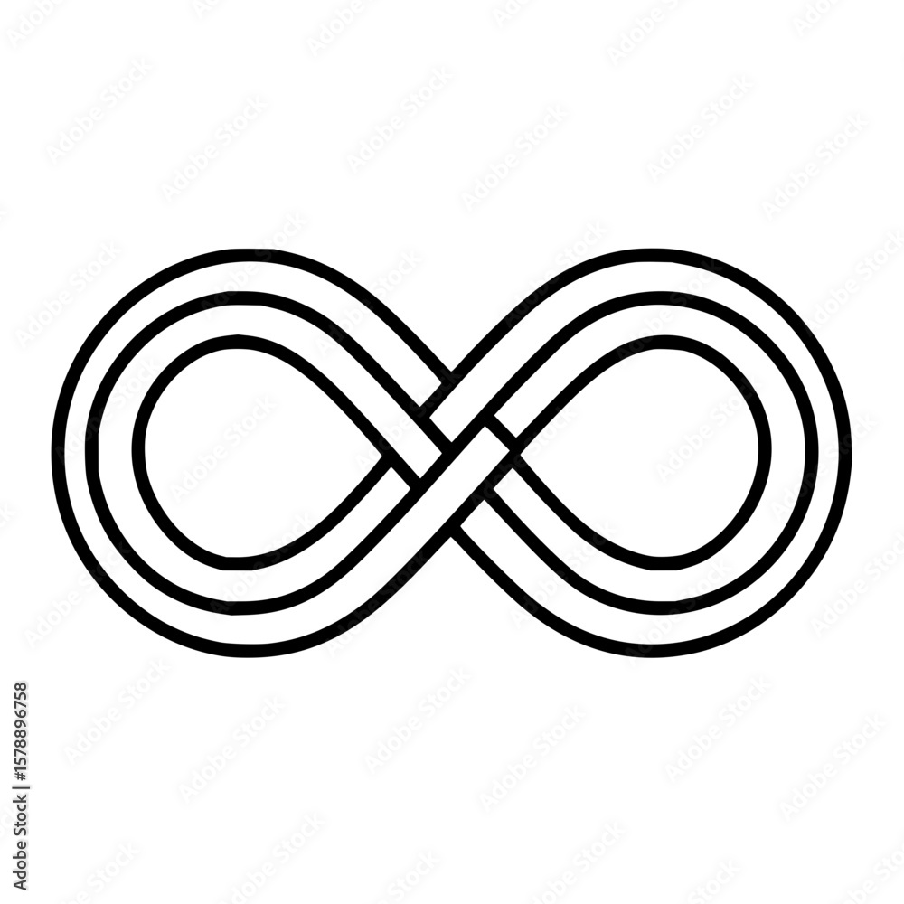 Poster triple line infinity symbol design in black and white showing a continuous loop and mathematical con