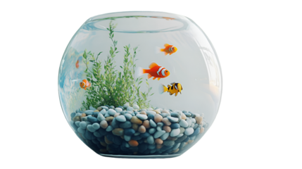 A round fishbowl filled with water, rocks, green plants and three orange and yellow clownfish swimming