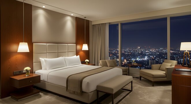 Luxurious hotel bedroom suite with a king size bed and stunning city skyline view at night - Powered by Adobe