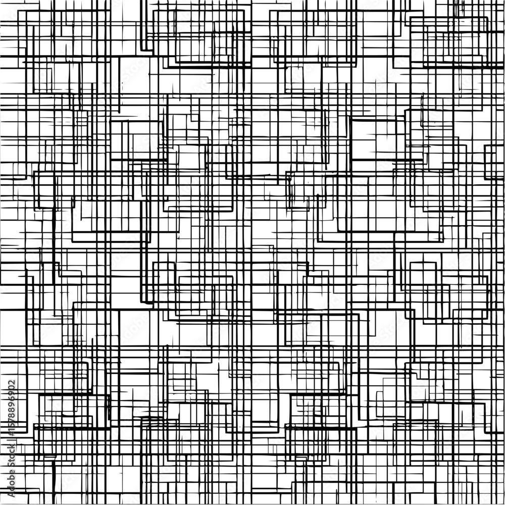 Poster abstract black lines forming squares and rectangles on a white background creating a complex pattern