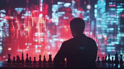 Silhouetted man playing chess against a vibrant cityscape backdrop, representing strategy and planning.