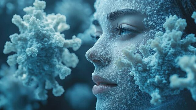 Frozen Beauty: A serene face, seemingly sculpted from ice, surrounded by intricate, snowflake-like formations, evoking a sense of delicate coldness and ethereal beauty.