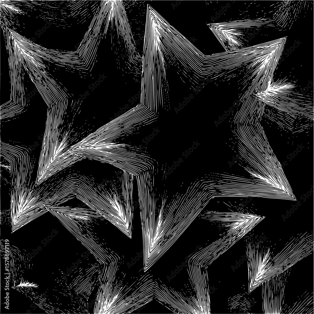 Poster seamless pattern of white star shapes with textured lines on a black background creating a dynamic d