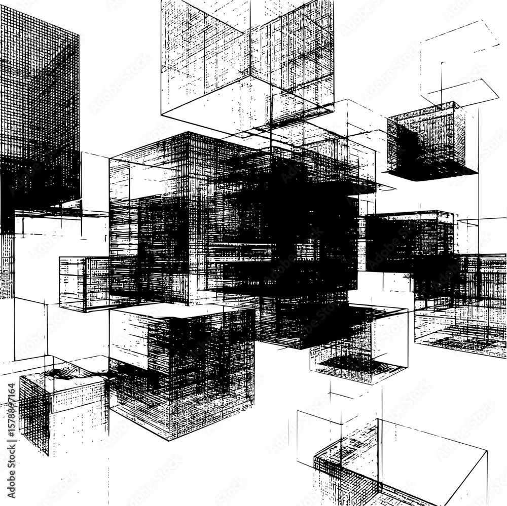 Fototapete complex arrangement of wireframe cubes in black and white creating an abstract architectural design