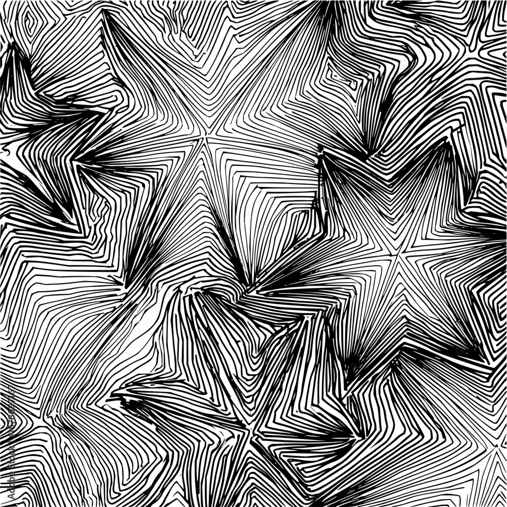 Poster abstract star pattern with flowing lines creating a dynamic and textured black and white background 