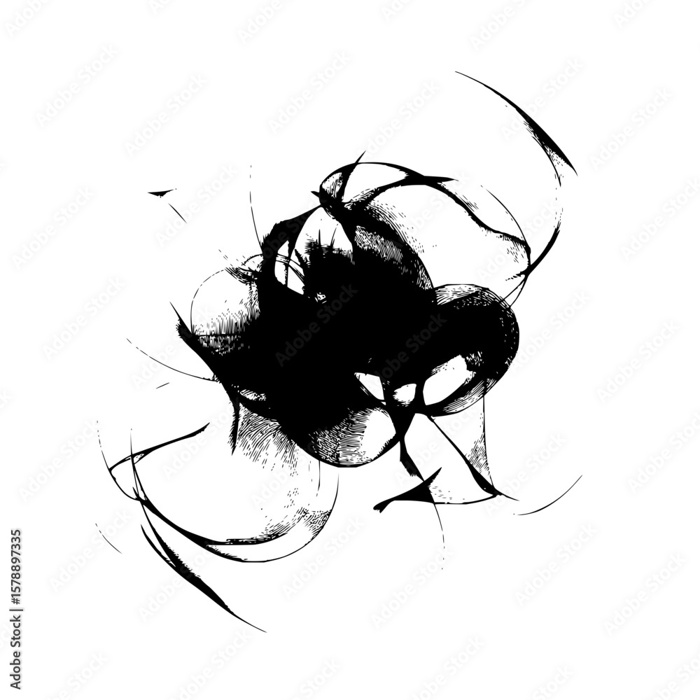 Poster abstract black ink splatter with curved lines and sharp edges on a white background creating contras