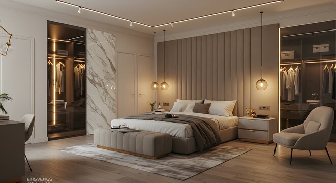 Luxurious modern bedroom with a walk in closet and elegant lighting