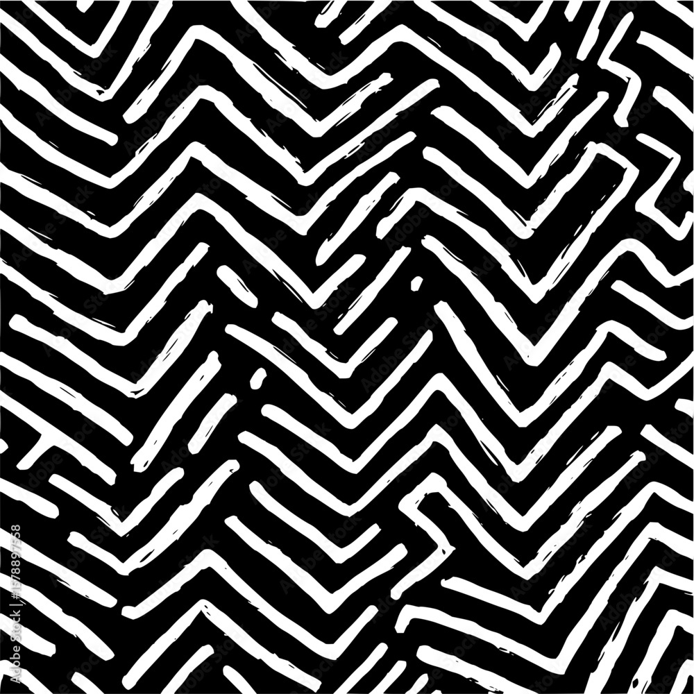 Poster abstract zigzag pattern with white brush strokes on a black background creating a dynamic design