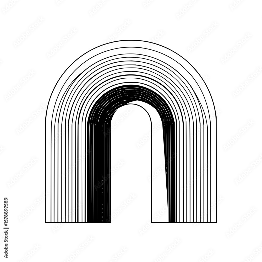 Poster abstract representation of nested arches with varying thickness and line weights in black and white