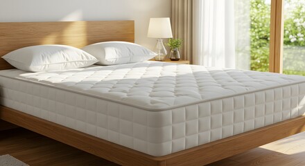 Comfortable white mattress with two pillows on a wooden bed frame in a bright bedroom
