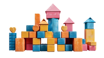 A colorful arrangement of toy building blocks forming a castle like structure on a transparent background