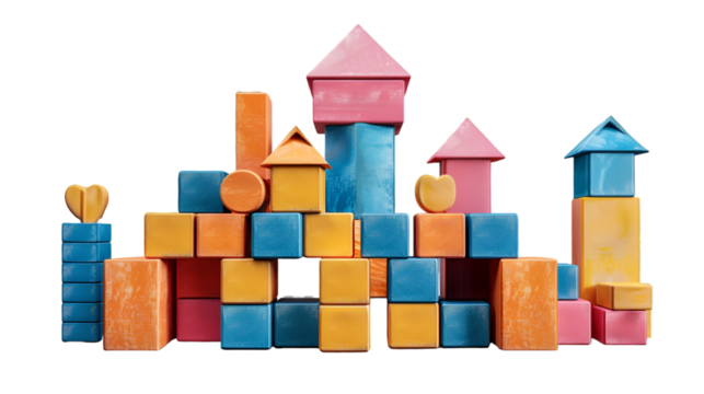 A colorful arrangement of toy building blocks forming a castle like structure on a transparent background