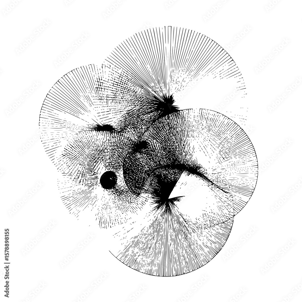 Poster overlapping circles with radiating lines creating abstract geometric patterns in black and white des