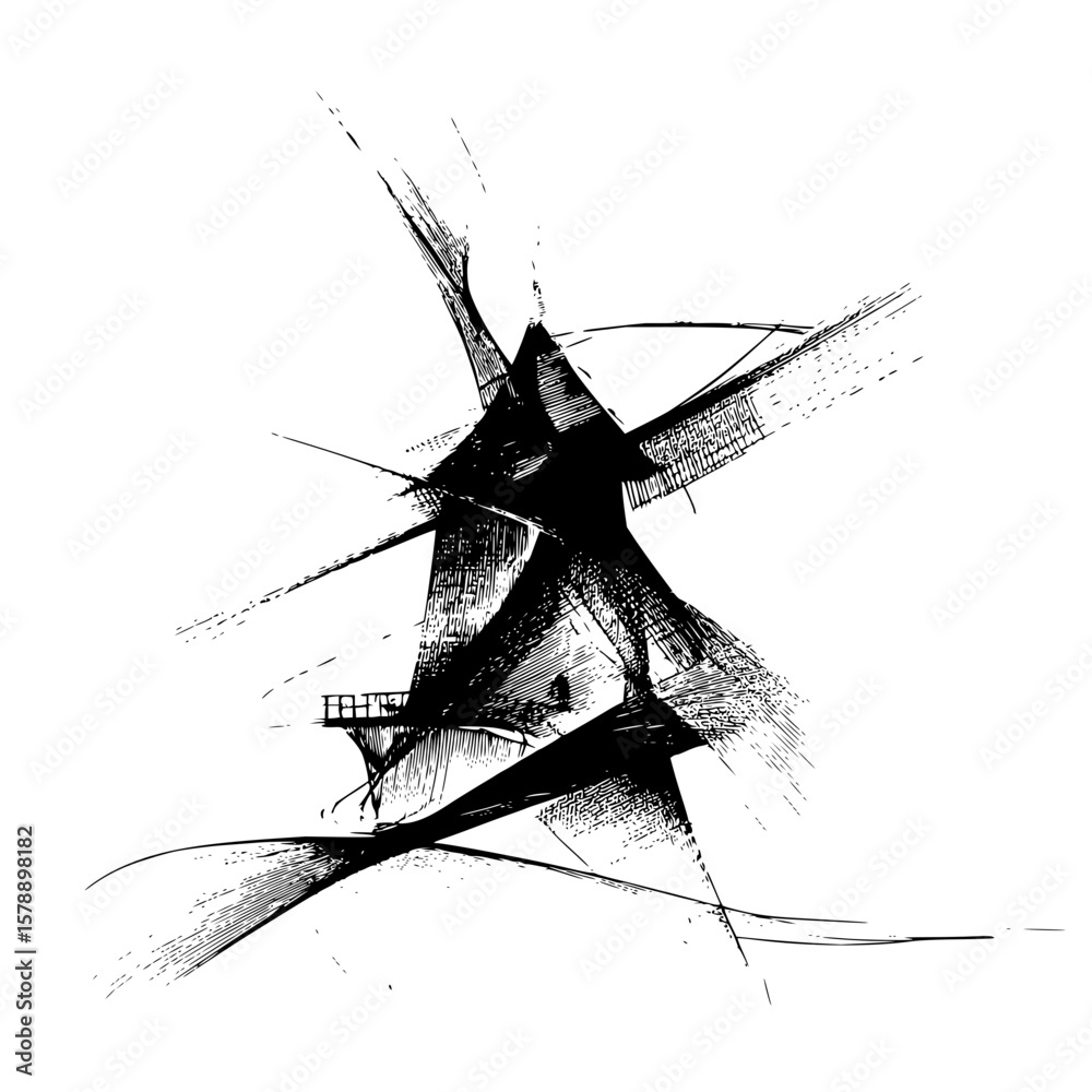 Poster abstract sketch of a building with sharp angles and a small platform in black and white style art